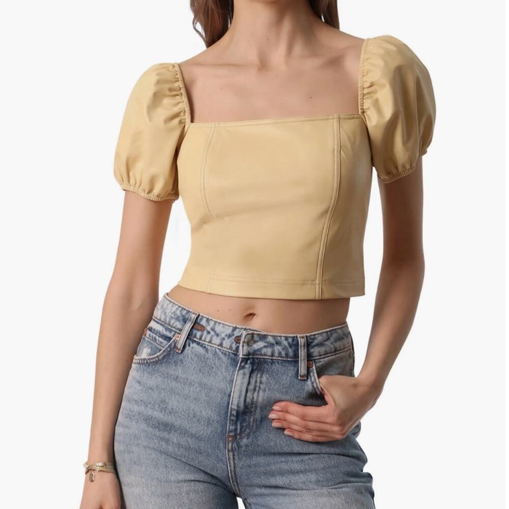 Avec Les Filles Womens M Puff Sleeve Faux Leather Crop Top NEW
